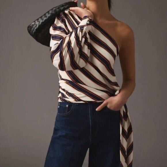 Maeve Tops - Maeve By Anthropologie Striped One Shoulder Top with sash tie